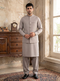 Sandstone Grey Kameez Shalwar with Waist Coat