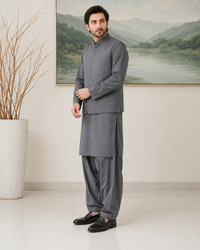 Grey Kameez Shalwar with Waist Coat