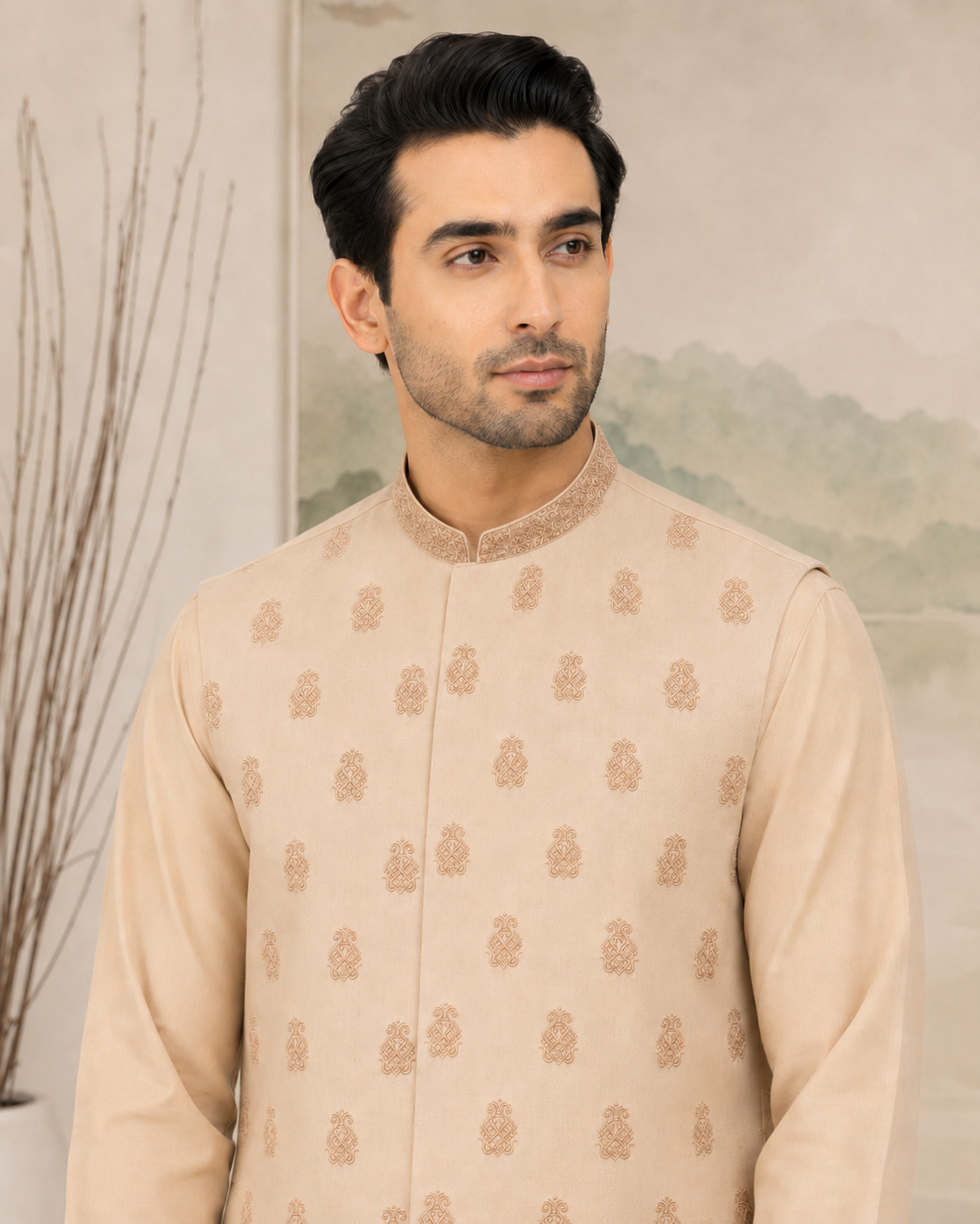Beige Kameez Shalwar with Waist Coat