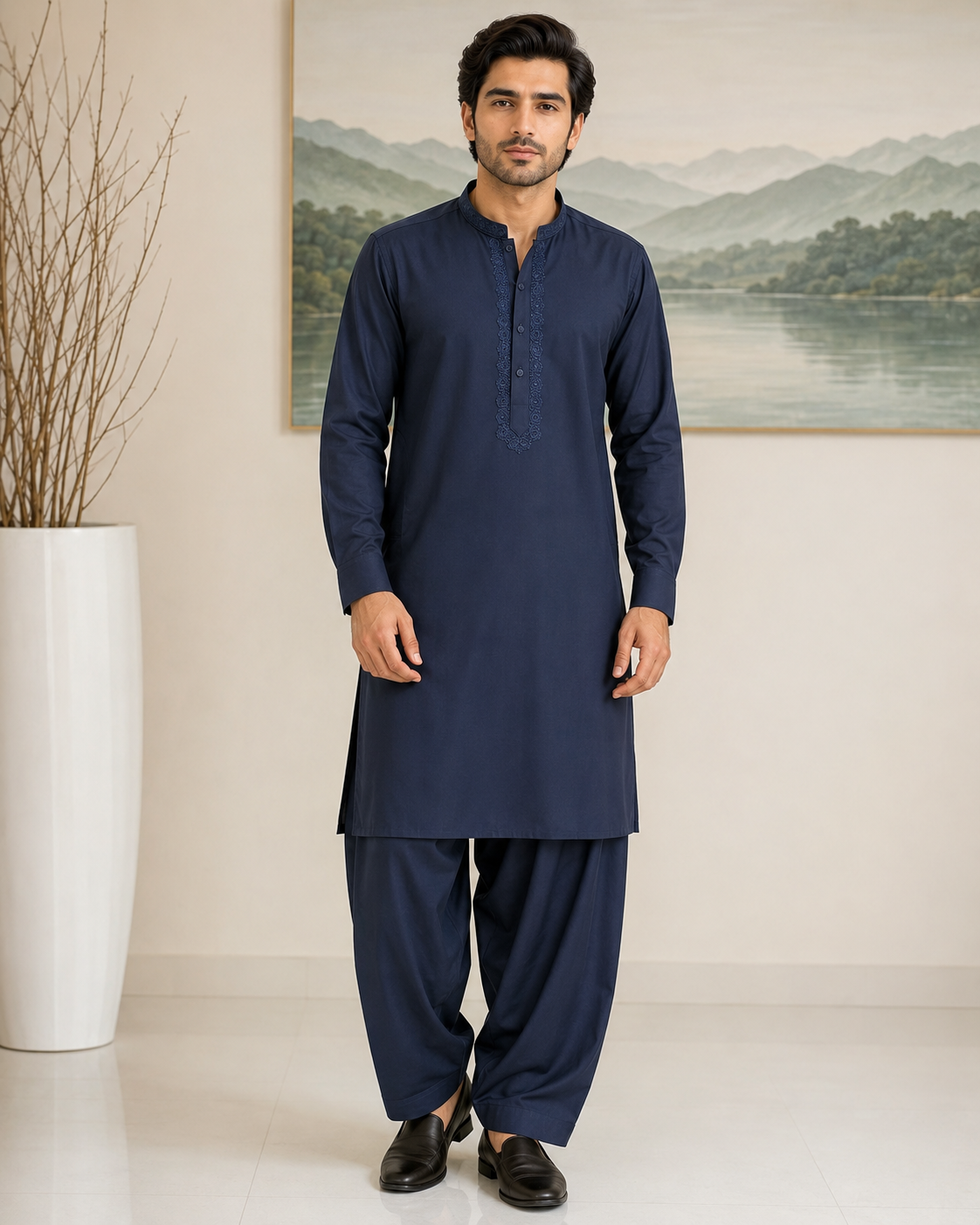 Navy Blue Wash and Wear Kameez Shalwar