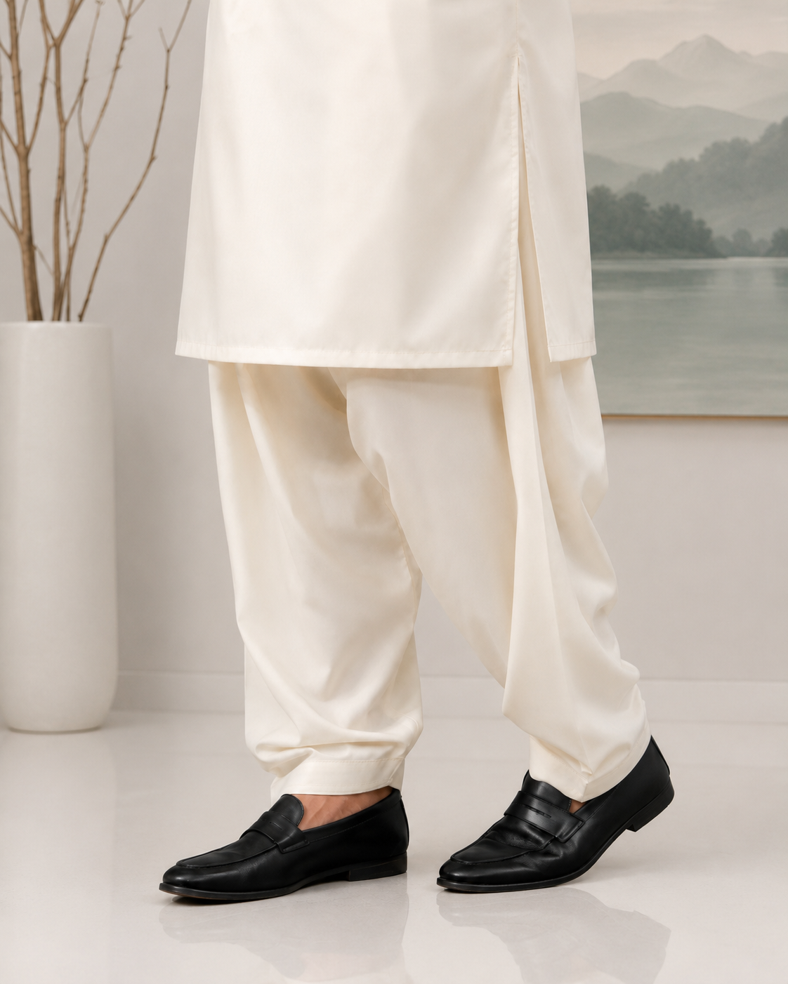 Cream Plain Wash and Wear Kameez Shalwar