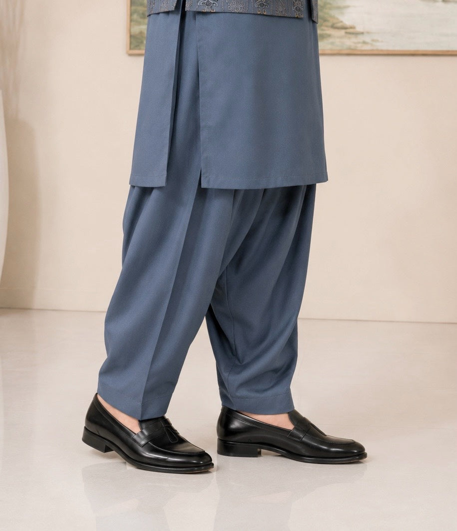 Ash Blue Kameez Shalwar with Waist Coat