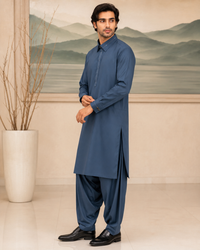 Steel Blue Wash and Wear Kameez Shalwar