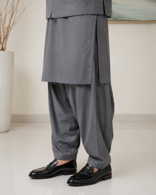 Grey Kameez Shalwar with Waist Coat