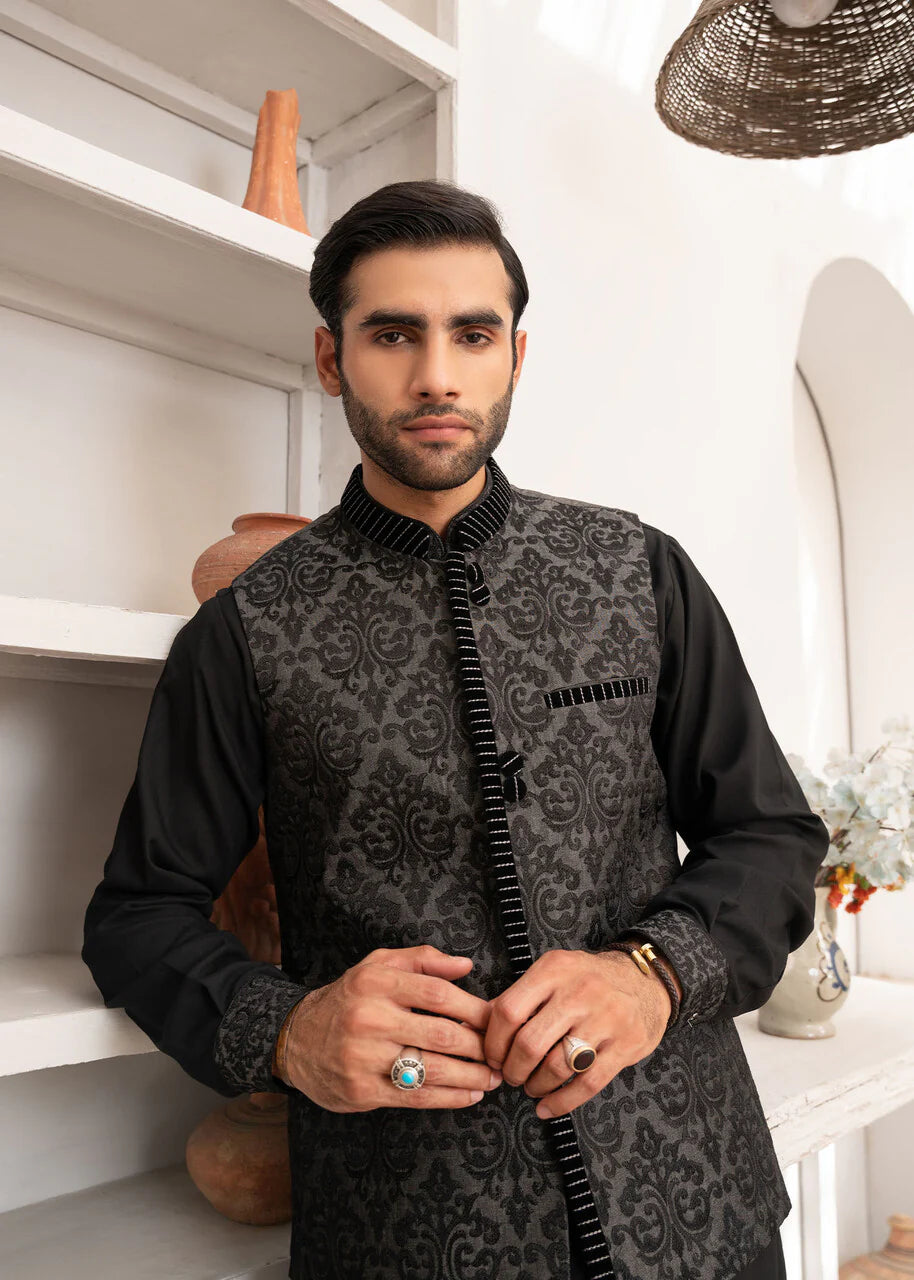 Black Kameez Shalwar with Embroidered Waist Coat