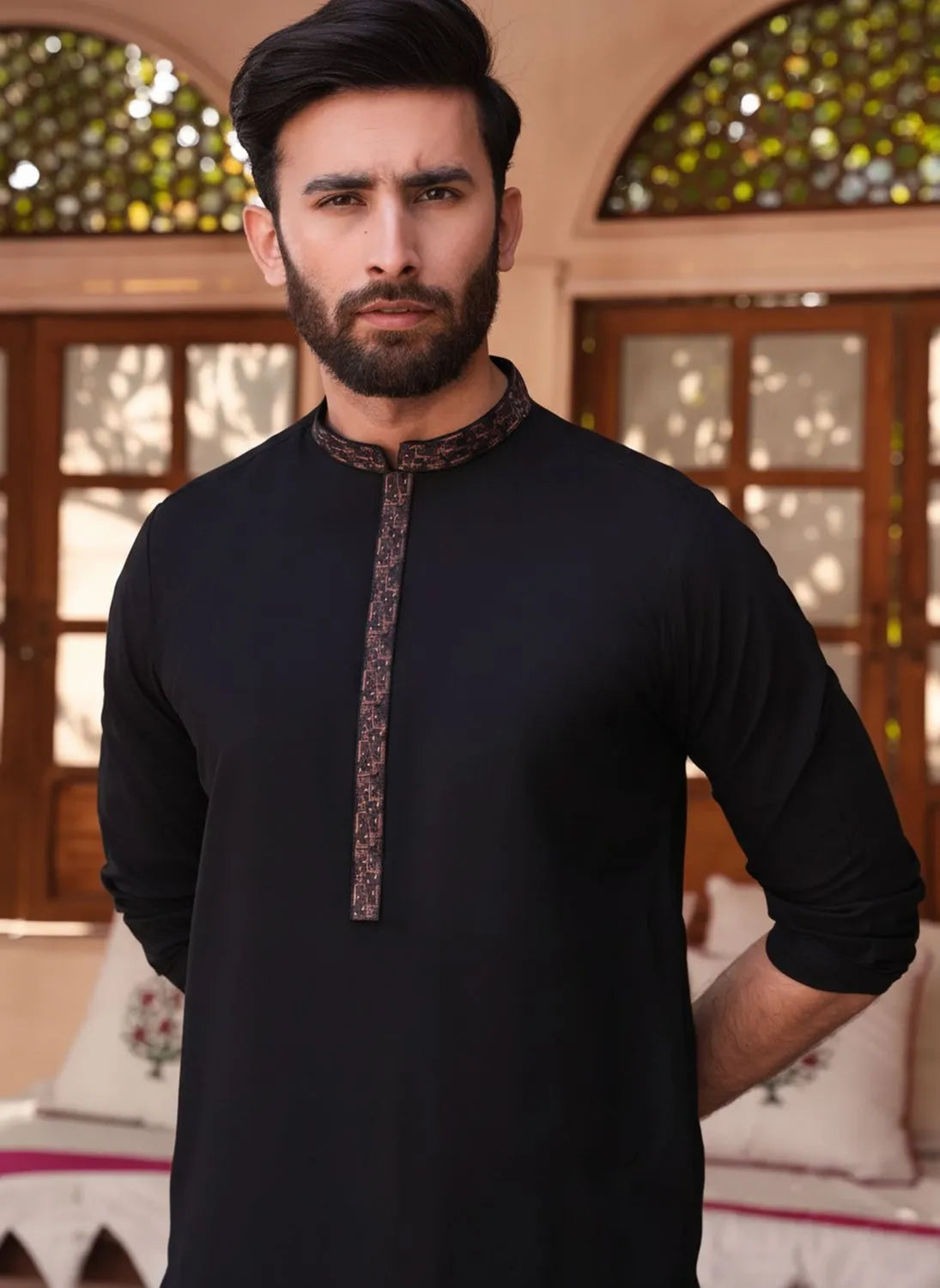 Black Blended Wash and Wear Kurta Pajama