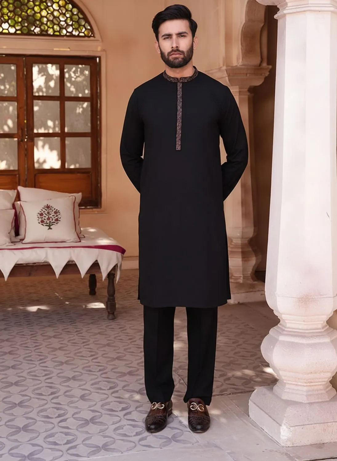 Black Blended Wash and Wear Kurta Pajama