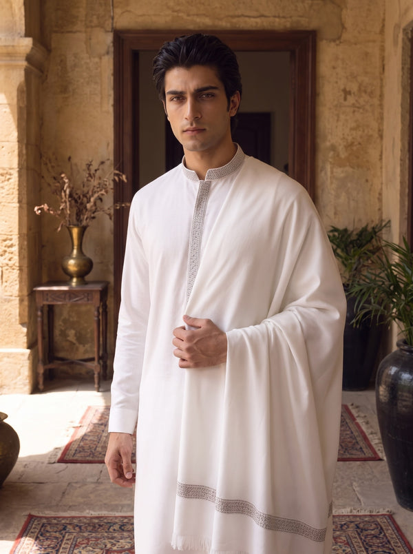 White Woolen Shawl Suit