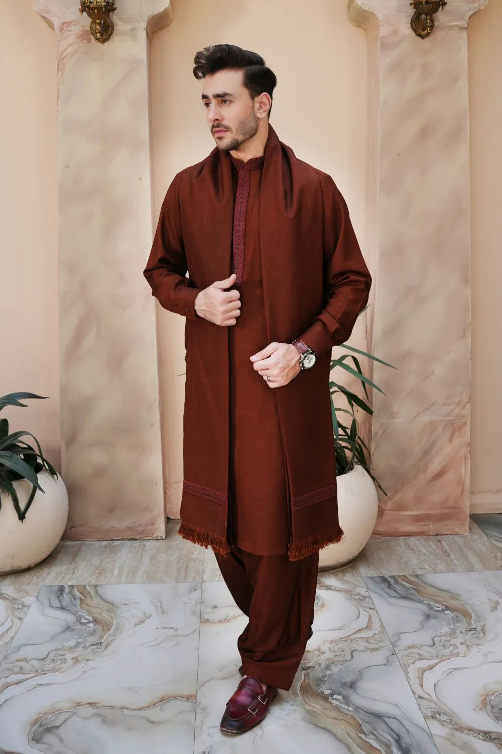 Rust Woolen Shawl Suit