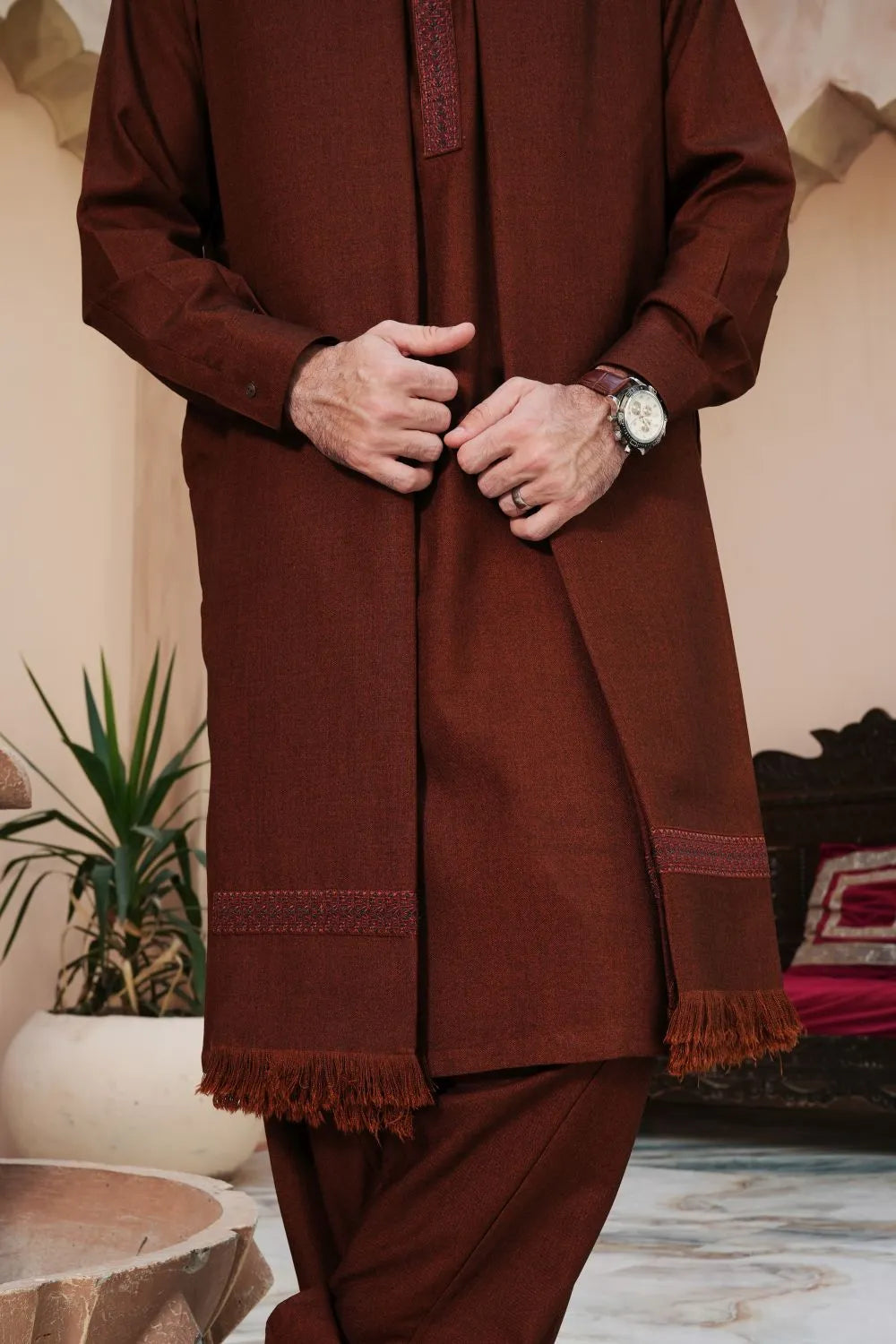 Rust Woolen Shawl Suit