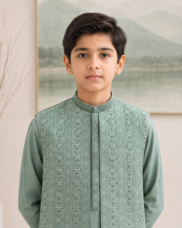 Mint Green Kameez Shalwar with Waist Coat for Boys