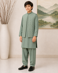 Mint Green Kameez Shalwar with Waist Coat for Boys