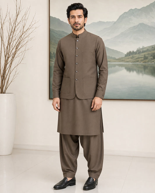 Walnut Brown Kameez Shalwar with Waist Coat