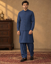 Navy Blue Kameez Shalwar with Waist Coat