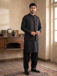 Charcoal Black Kameez Shalwar with Waist Coat