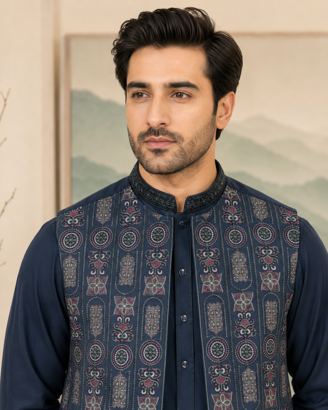 Navy Blue Kameez Shalwar with Waist Coat