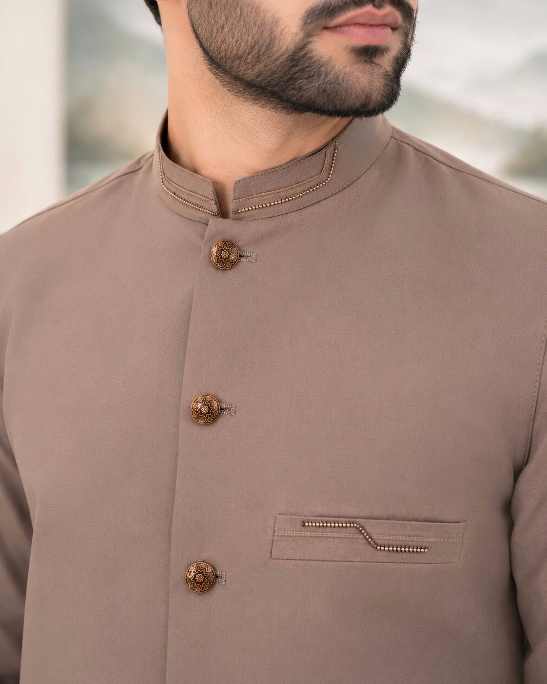 Light Brown Kameez Shalwar with Waist Coat