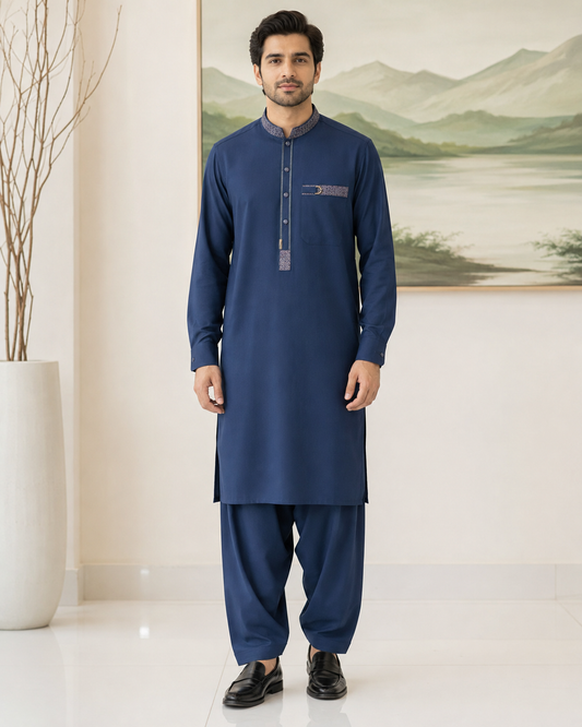 Navy Blue Wash and Wear Kameez Shalwar