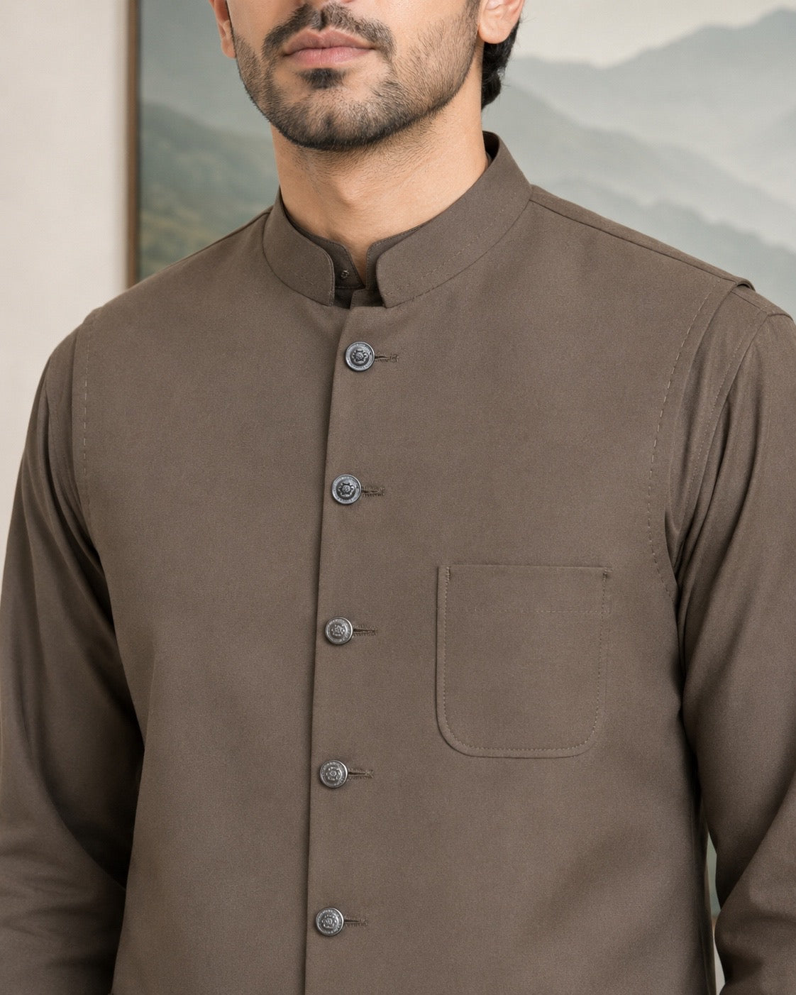 Walnut Brown Kameez Shalwar with Waist Coat