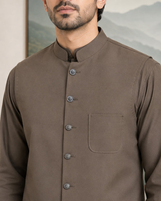 Walnut Brown Kameez Shalwar with Waist Coat