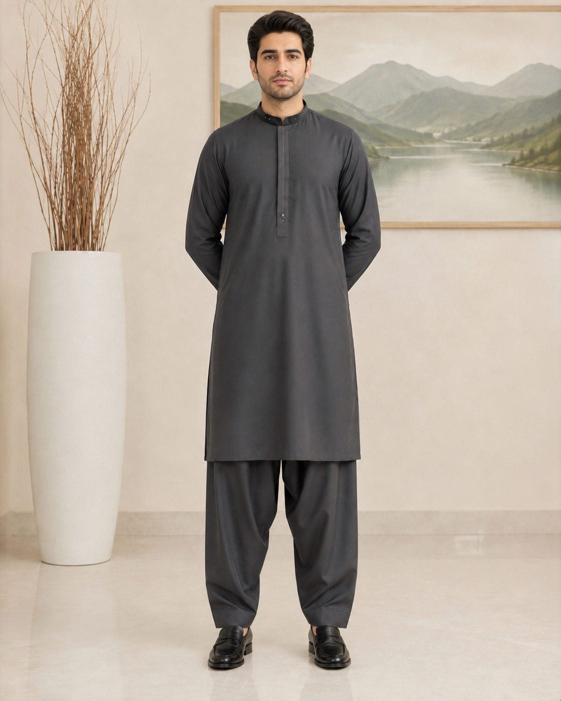 Charcoal Grey Wash and Wear Kameez Shalwar