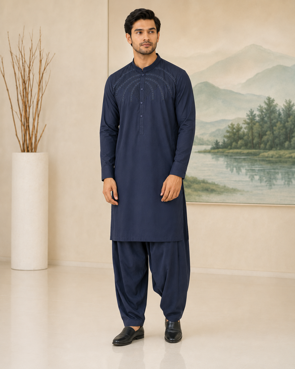 Navy Blue Wash and Wear Kameez Shalwar