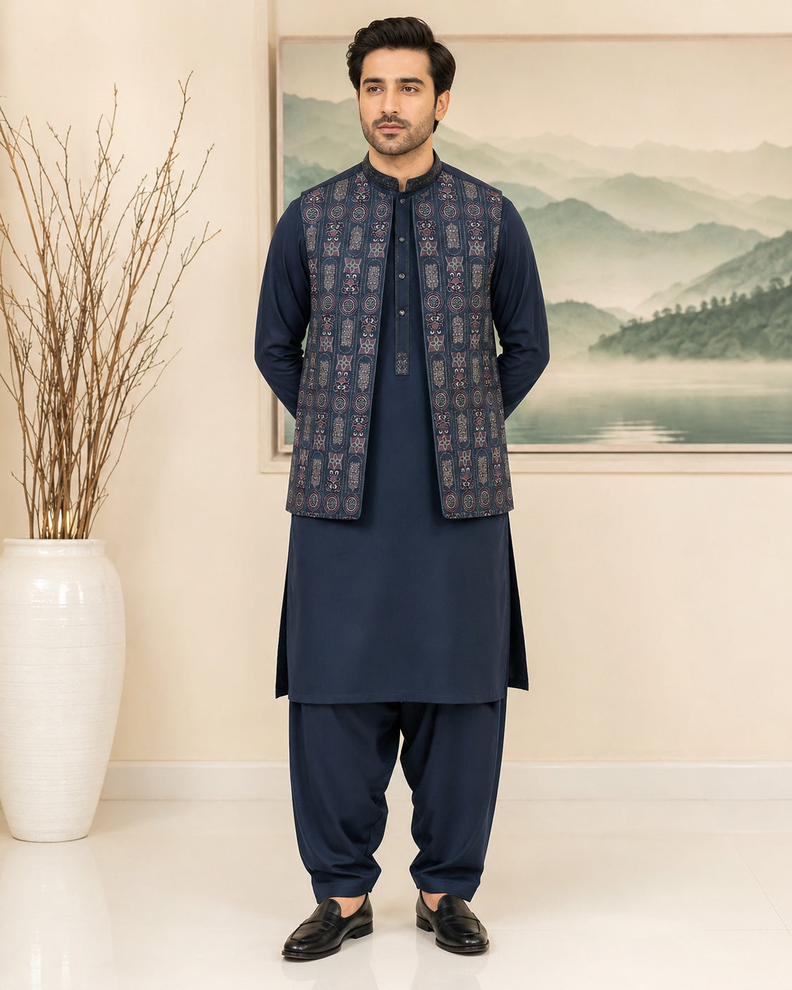 Navy Blue Kameez Shalwar with Waist Coat