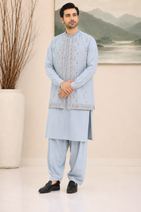 Light Blue Kameez Shalwar with Waist Coat