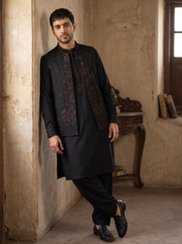 Charcoal Black Kameez Shalwar with Waist Coat