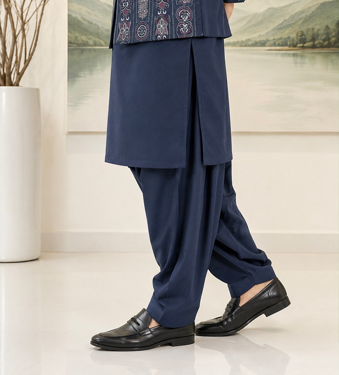 Navy Blue Kameez Shalwar with Waist Coat