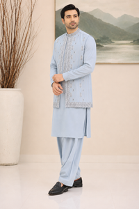 Light Blue Kameez Shalwar with Waist Coat
