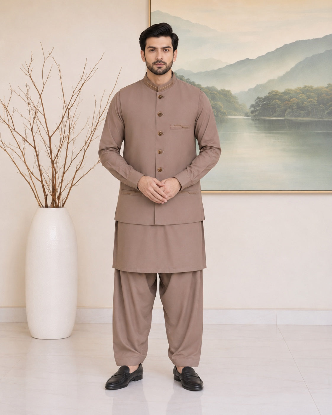 Light Brown Kameez Shalwar with Waist Coat