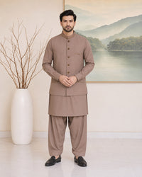 Light Brown Kameez Shalwar with Waist Coat