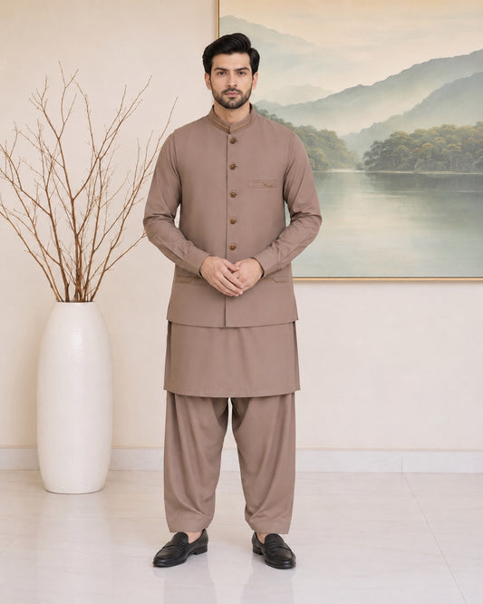 Light Brown Kameez Shalwar with Waist Coat