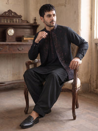 Charcoal Black Kameez Shalwar with Waist Coat
