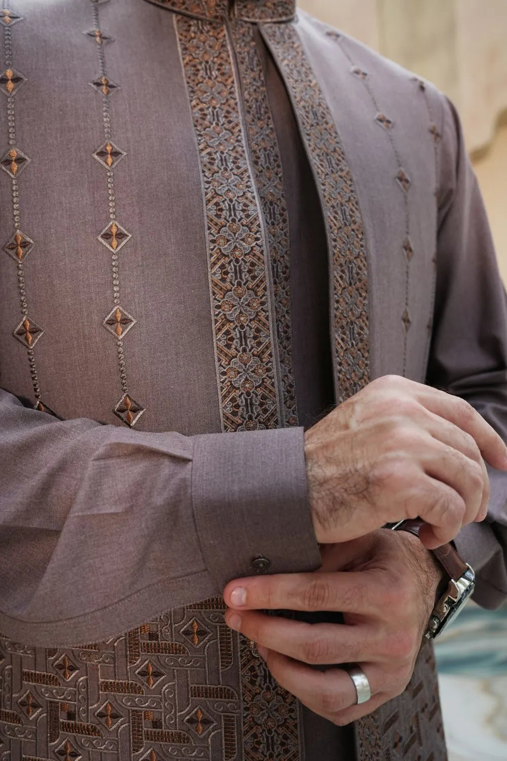 Brown Kameez Shalwar with Embroidered Waist Coat