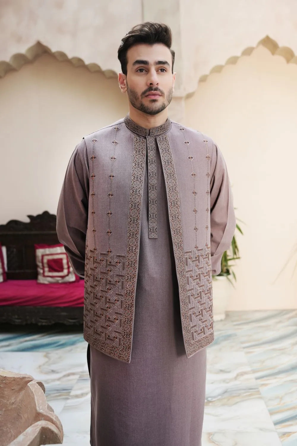 Brown Kameez Shalwar with Embroidered Waist Coat