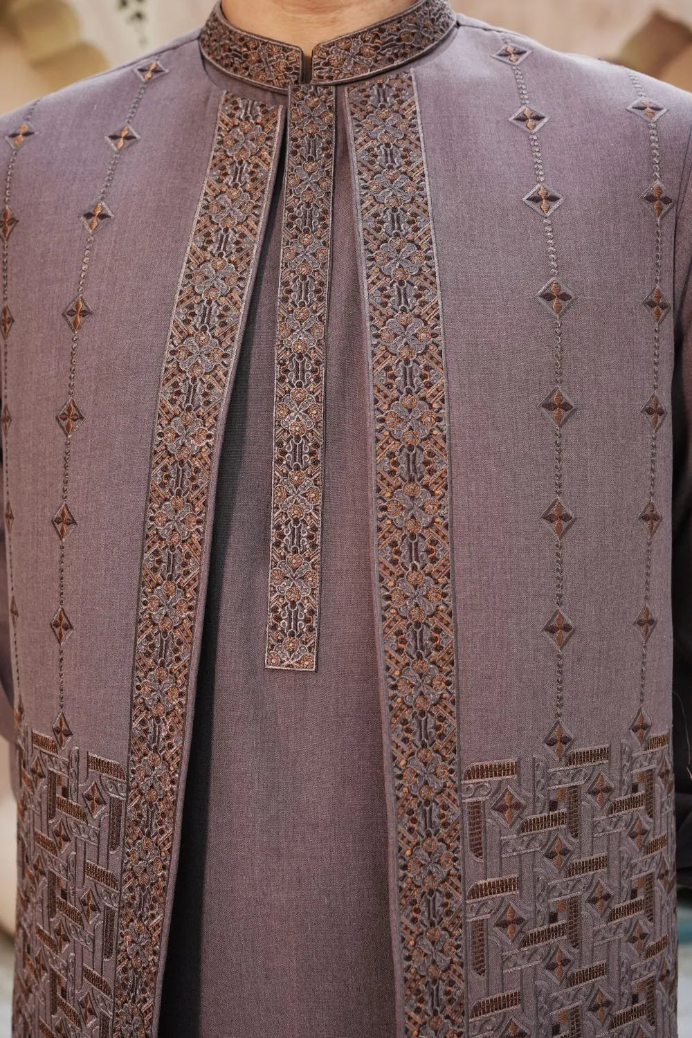 Brown Kameez Shalwar with Embroidered Waist Coat