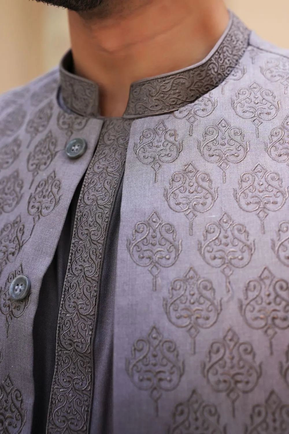 Dove Kameez Shalwar with Embroidered Waist Coat