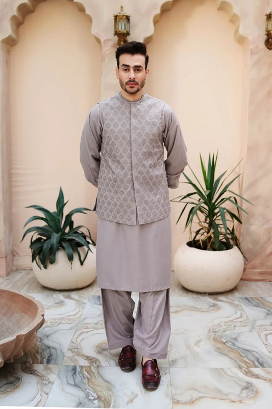 Dove Kameez Shalwar with Embroidered Waist Coat