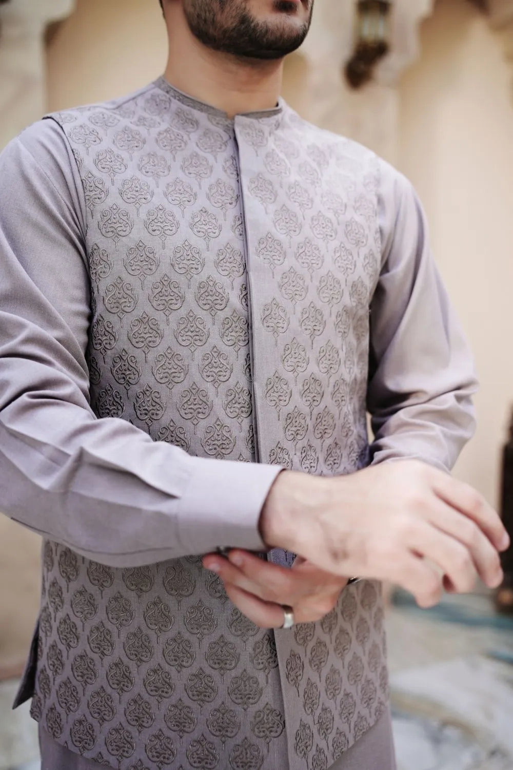 Dove Kameez Shalwar with Embroidered Waist Coat