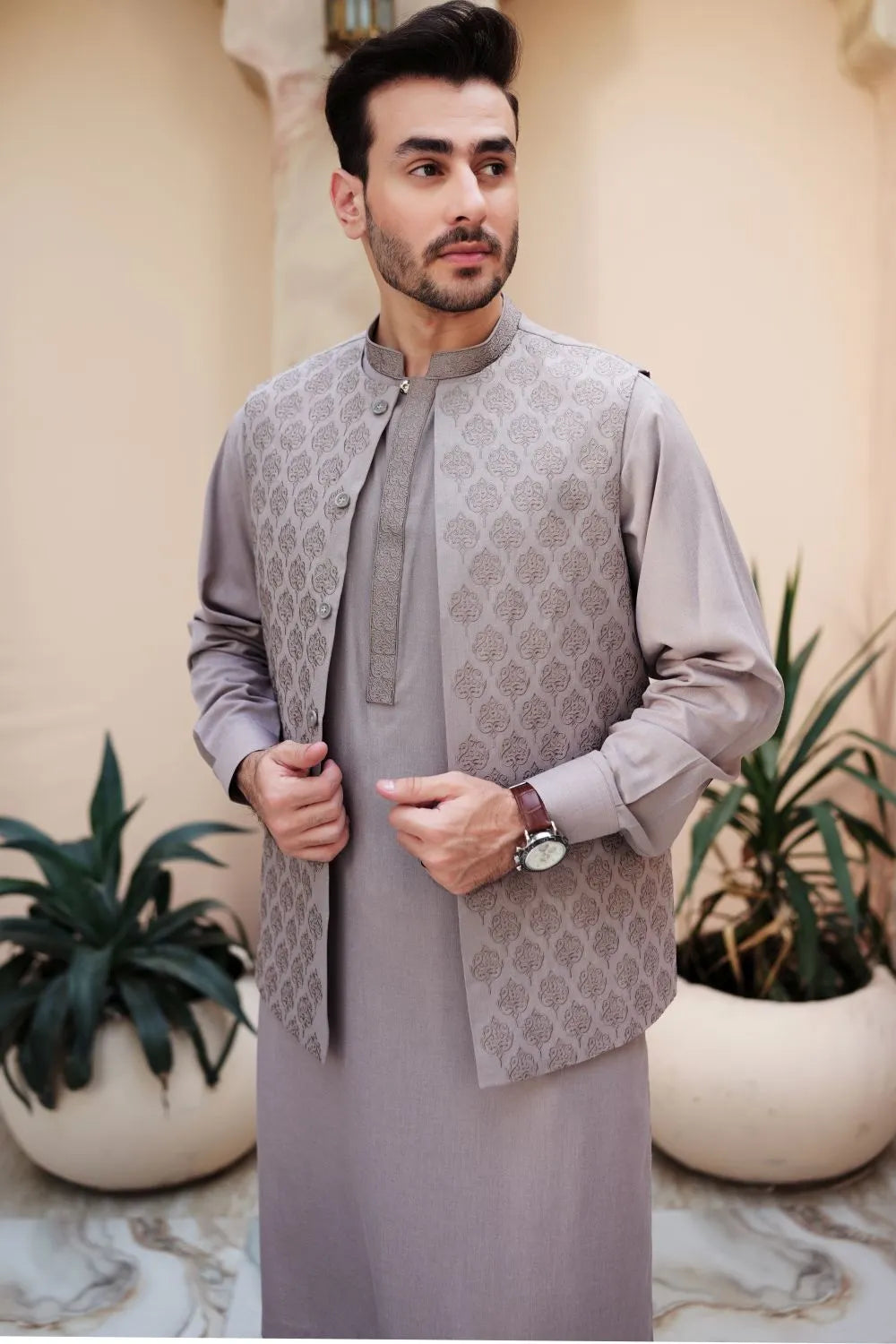 Dove Kameez Shalwar with Embroidered Waist Coat