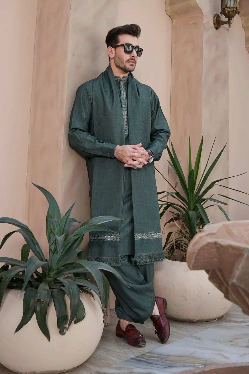Green Woolen Shawl Suit