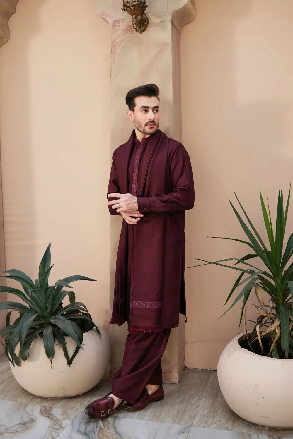 Maroon Woolen Shawl Suit