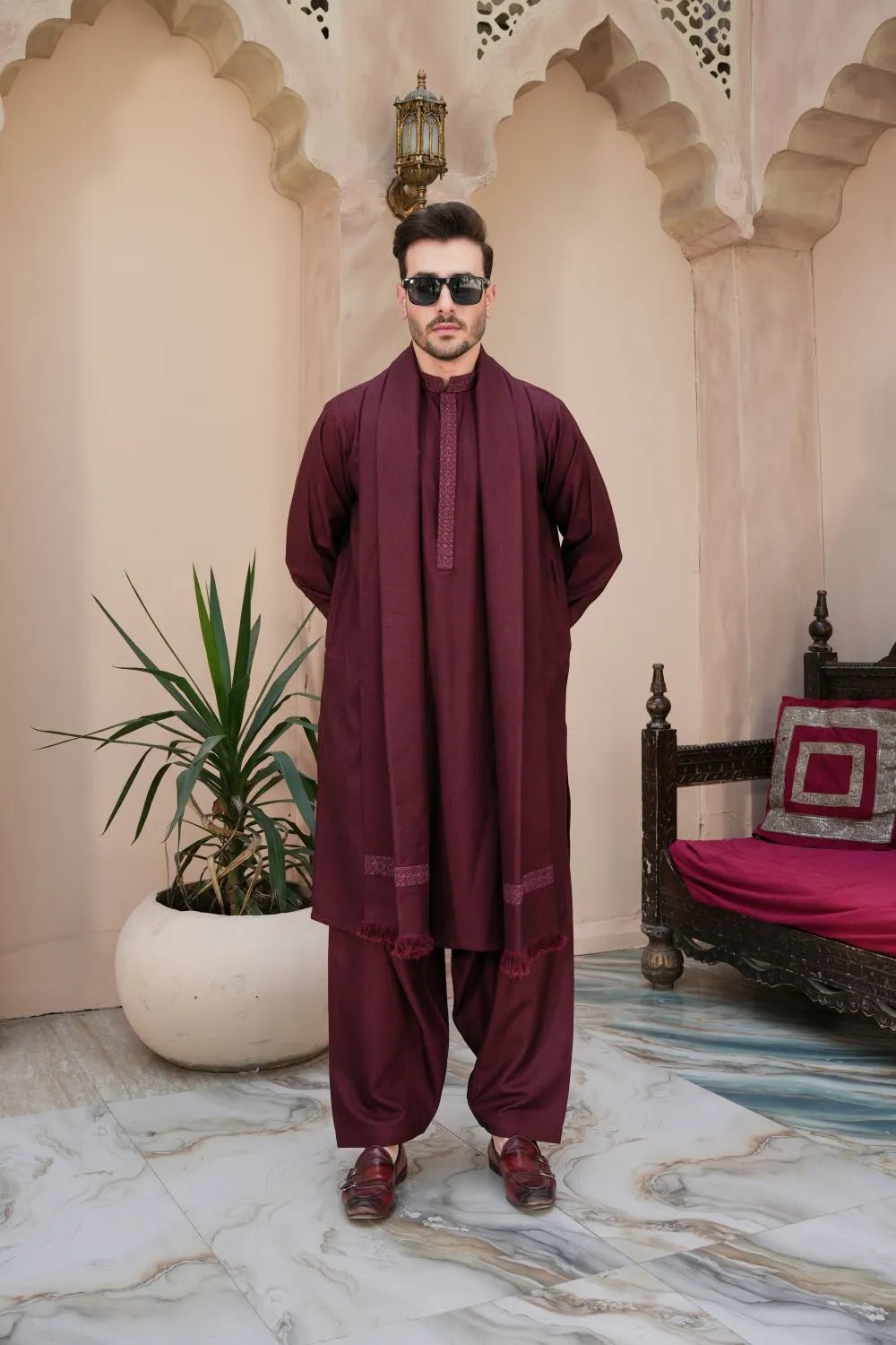 Maroon Woolen Shawl Suit