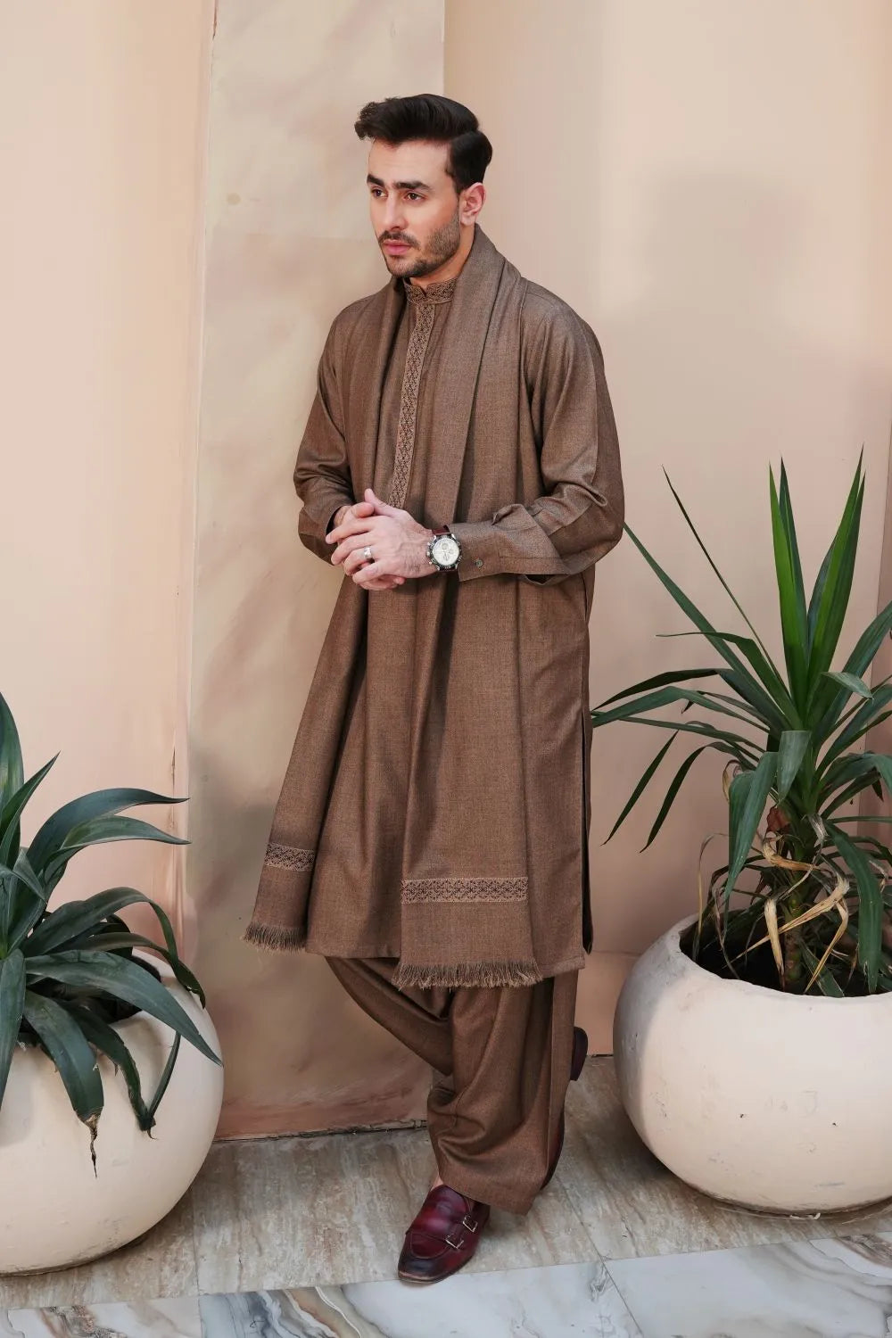Brown Woolen Shawl Suit