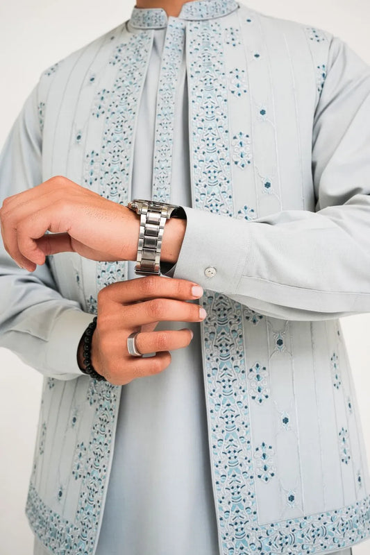 Light Blue Kameez Shalwar with Embroidered Waist Coat