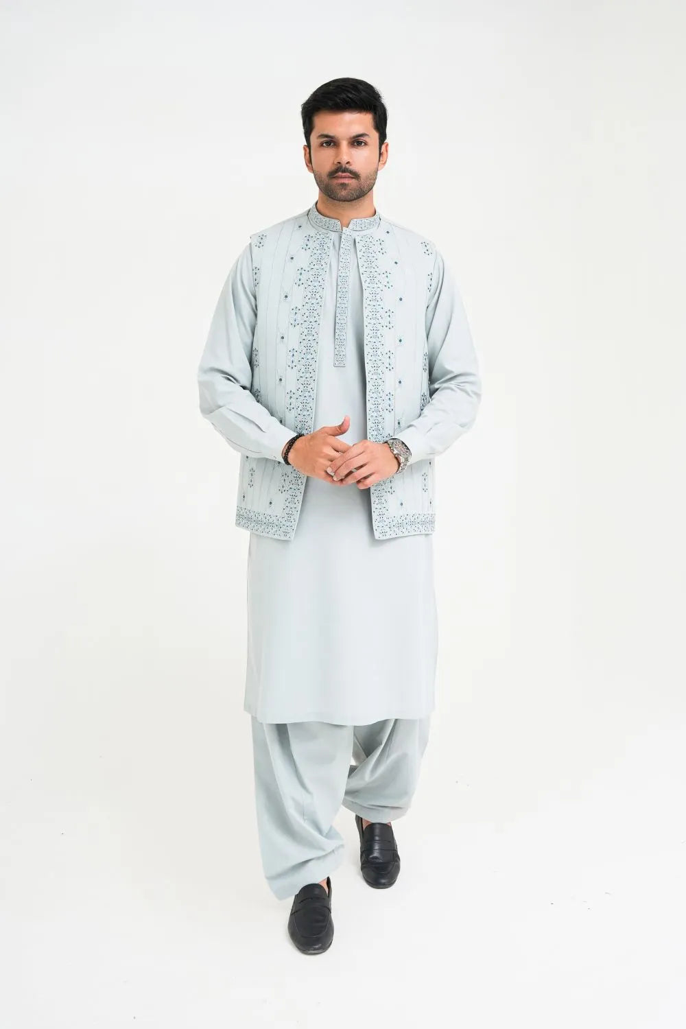 Light Blue Kameez Shalwar with Embroidered Waist Coat