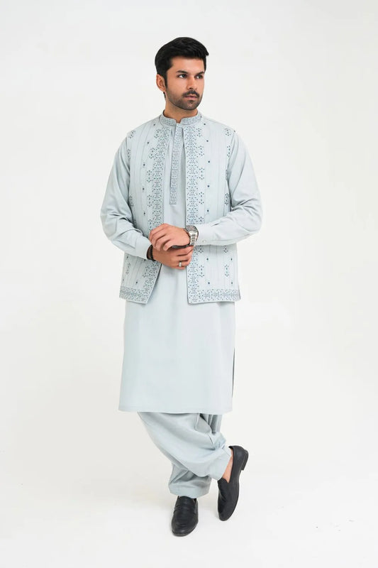 Light Blue Kameez Shalwar with Embroidered Waist Coat