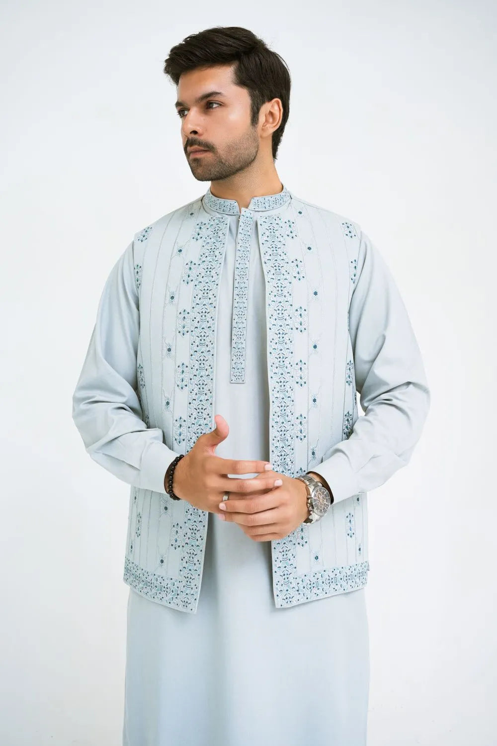 Light Blue Kameez Shalwar with Embroidered Waist Coat